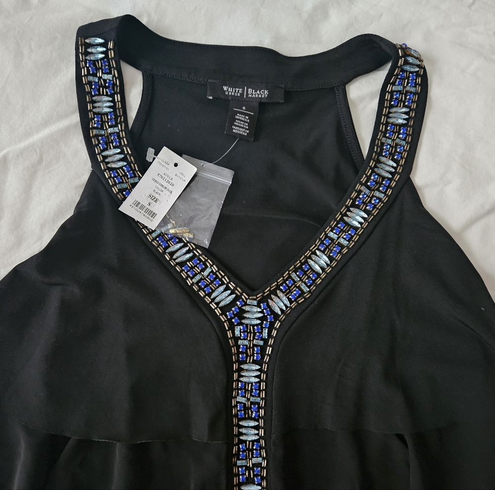 NWT WHITE HOUSE BLACK MARKET Black Jeweled Tiered Halter Top | SZ S - Picture 7 of 9